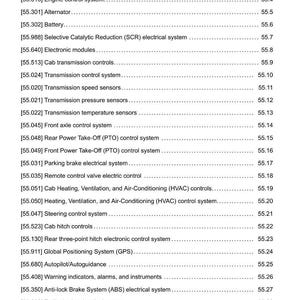 May include: A detailed page from a manual, listing various electrical and mechanical systems with corresponding page numbers. The document includes sections on electrical systems, engine control, transmission, and GPS.