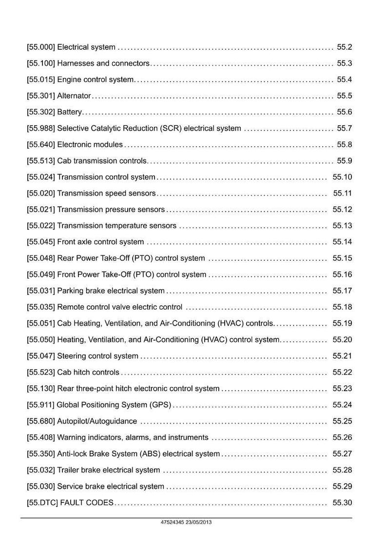 May include: A detailed page from a manual, listing various electrical and mechanical systems with corresponding page numbers. The document includes sections on electrical systems, engine control, transmission, and GPS.