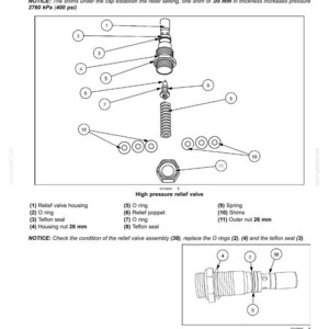 May include: Diagram of a high-pressure relief valve assembly with labeled components. Includes a relief valve housing, O-rings, Teflon seals, a spring, shims, and nuts. The text provides installation instructions and technical specifications.