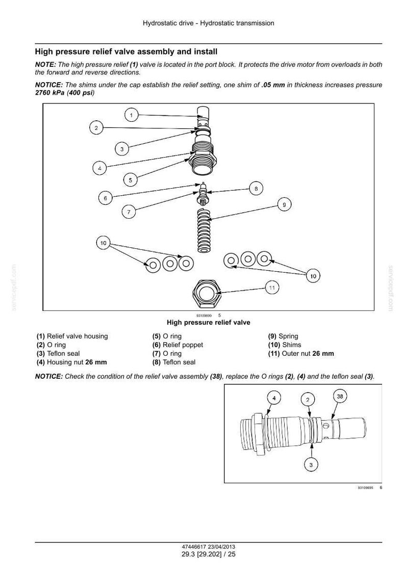 May include: Diagram of a high-pressure relief valve assembly with labeled components. Includes a relief valve housing, O-rings, Teflon seals, a spring, shims, and nuts. The text provides installation instructions and technical specifications.