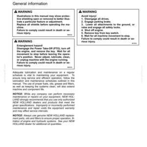 May include: A page from a New Holland maintenance manual titled 7-MAINTENANCE. It contains general information and safety warnings regarding machine operation, entanglement hazards, and the importance of using authorized replacement parts.