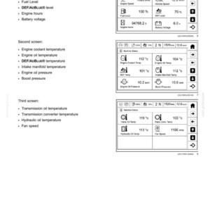May include: Diagram of a vehicle's control panel displaying engine speed, fuel level, and other operational data. The screen shows readings in both RPM and km/h, along with temperatures in Celsius.