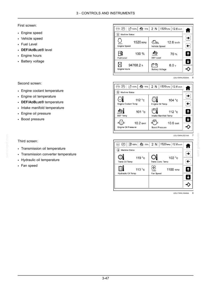 May include: Diagram of a vehicle's control panel displaying engine speed, fuel level, and other operational data. The screen shows readings in both RPM and km/h, along with temperatures in Celsius.