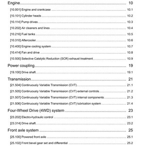May include: A page from a manual titled "Contents" with a list of engine and vehicle component topics. The text includes sections on the engine, transmission, and four-wheel drive systems. The page is white with black text.