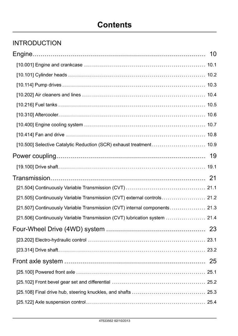 May include: A page from a manual titled "Contents" with a list of engine and vehicle component topics. The text includes sections on the engine, transmission, and four-wheel drive systems. The page is white with black text.