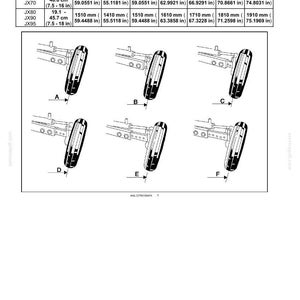 May include: Diagram of front wheels with alternative track settings. The chart shows measurements in millimeters and inches for different models, including JX60, JX70, JX80, JX90, and JX95. The image includes six wheel diagrams labeled A through F.