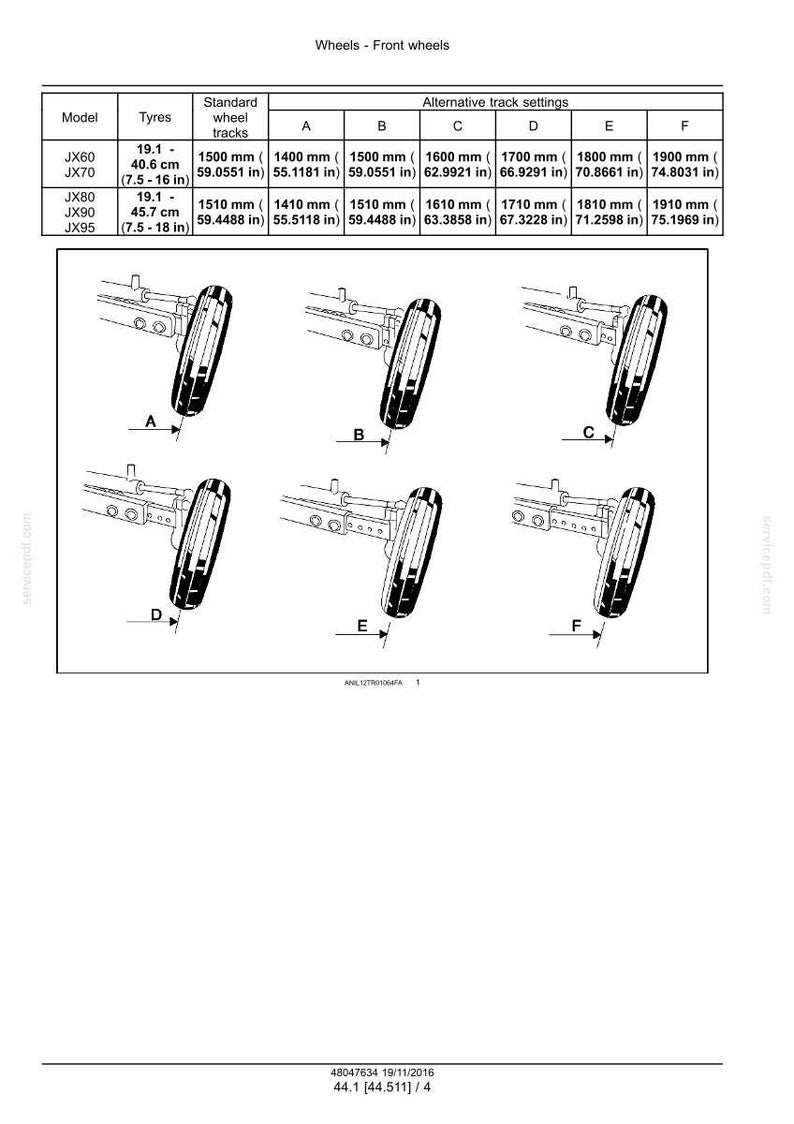 May include: Diagram of front wheels with alternative track settings. The chart shows measurements in millimeters and inches for different models, including JX60, JX70, JX80, JX90, and JX95. The image includes six wheel diagrams labeled A through F.