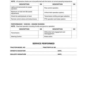 May include: A black and white document page titled STATIONARY CHECKS - ENGINE RUNNING and PERFORMANCE CHECKS - ENGINE RUNNING, featuring tables for operational inspections, followed by a SERVICE PERFORMED section with lines for tractor details.