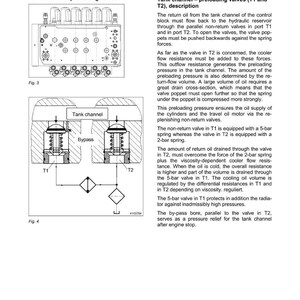 Op de afbeelding: Technisch diagram met hydraulische componenten, waaronder een tankkanaal en voorlaadkleppen met de labels T1 en T2. De afbeelding bevat technische tekeningen en tekst die de werking van de kleppen en de olie stroom beschrijven.