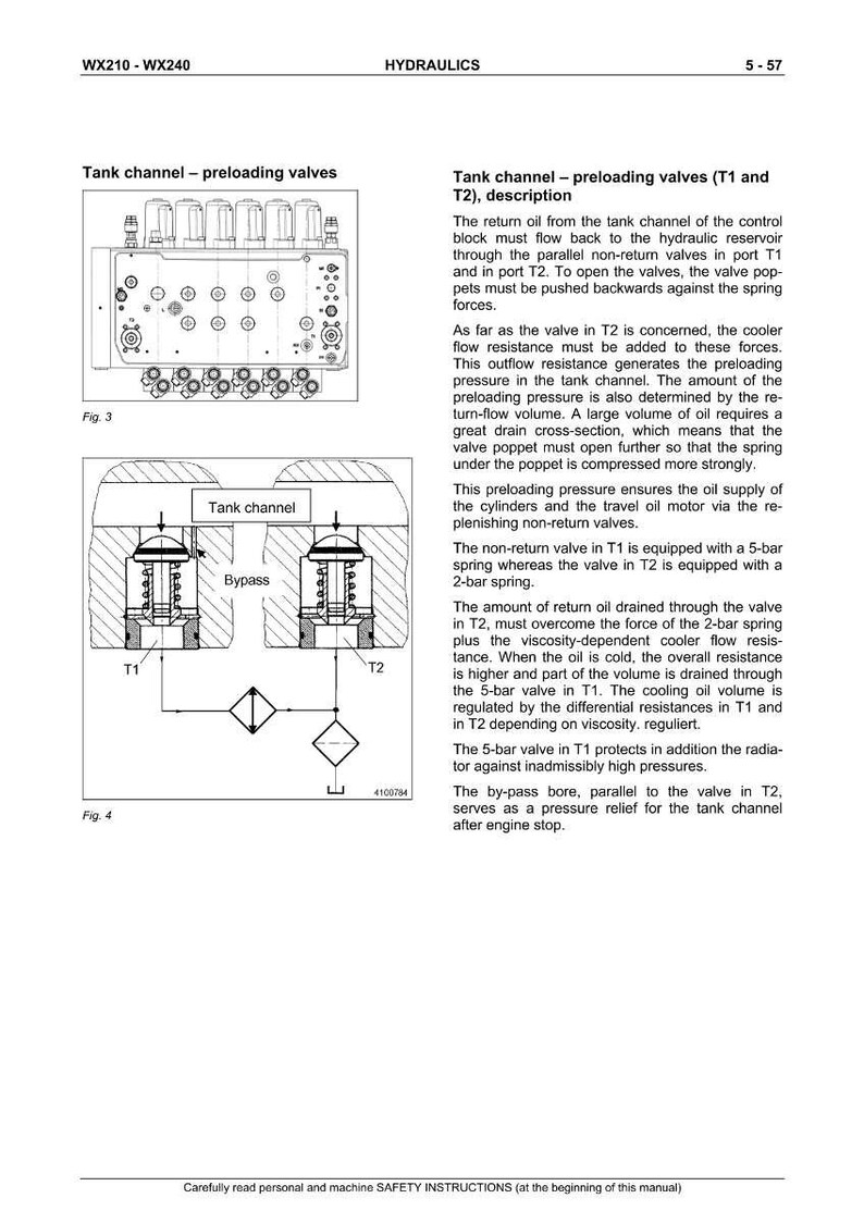 Op de afbeelding: Technisch diagram met hydraulische componenten, waaronder een tankkanaal en voorlaadkleppen met de labels T1 en T2. De afbeelding bevat technische tekeningen en tekst die de werking van de kleppen en de olie stroom beschrijven.