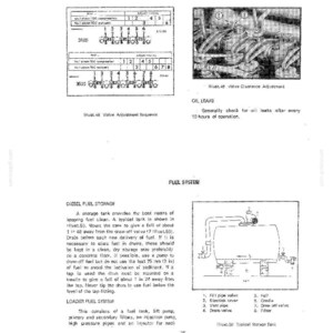 May include: Technical diagram of an engine with labeled components and text. Includes illustrations of valve adjustment sequence, valve clearance, and a fuel system with a storage tank and related parts.
