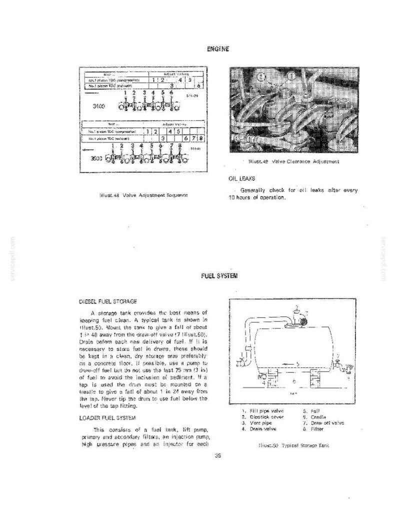 May include: Technical diagram of an engine with labeled components and text. Includes illustrations of valve adjustment sequence, valve clearance, and a fuel system with a storage tank and related parts.