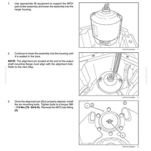 Op de afbeelding: Diagram van de installatie van een hydraulische parkeerrem, met gedetailleerde instructies en illustraties. Bevat stappen voor montage, uitlijning en het aandraaien van bouten. Koppel specificaties in Newtonmeters.