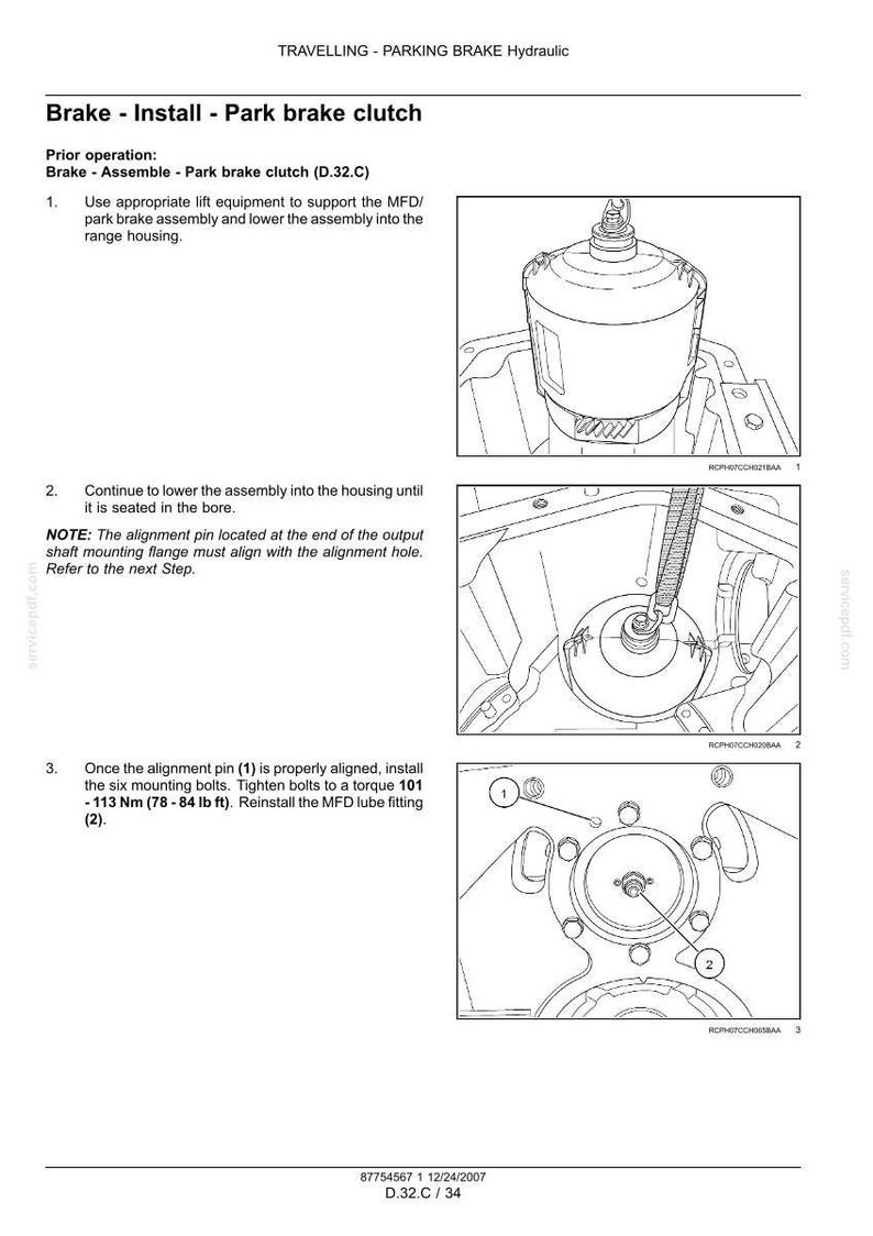 Op de afbeelding: Diagram van de installatie van een hydraulische parkeerrem, met gedetailleerde instructies en illustraties. Bevat stappen voor montage, uitlijning en het aandraaien van bouten. Koppel specificaties in Newtonmeters.