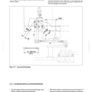 May include: Diagram of a steering system, labeled LW230.B, with measurements in inches and millimeters. The diagram includes a layout of leverage with labeled components and installation procedures. Text includes safety precautions.