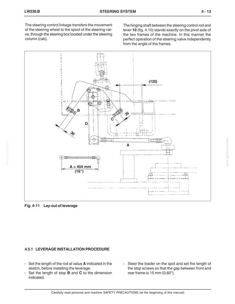 May include: Diagram of a steering system, labeled LW230.B, with measurements in inches and millimeters. The diagram includes a layout of leverage with labeled components and installation procedures. Text includes safety precautions.