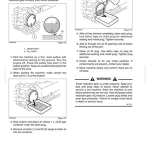 Pu&ograve; includere: Una pagina di manuale tecnico intitolata Chapter 6 - Maintenance and Adjustments, che descrive le procedure per il cambio dell'olio del riduttore di traslazione. Include diagrammi di un ingranaggio e porte di scarico e riempimento.