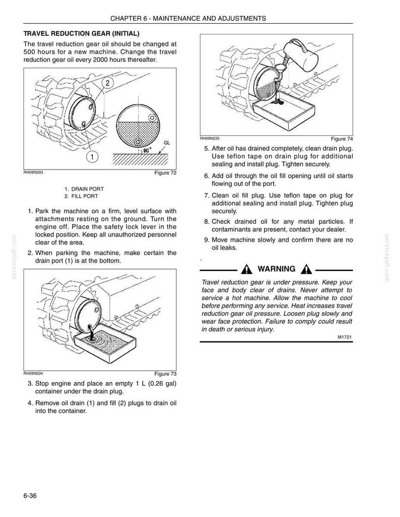 Pu&ograve; includere: Una pagina di manuale tecnico intitolata Chapter 6 - Maintenance and Adjustments, che descrive le procedure per il cambio dell'olio del riduttore di traslazione. Include diagrammi di un ingranaggio e porte di scarico e riempimento.