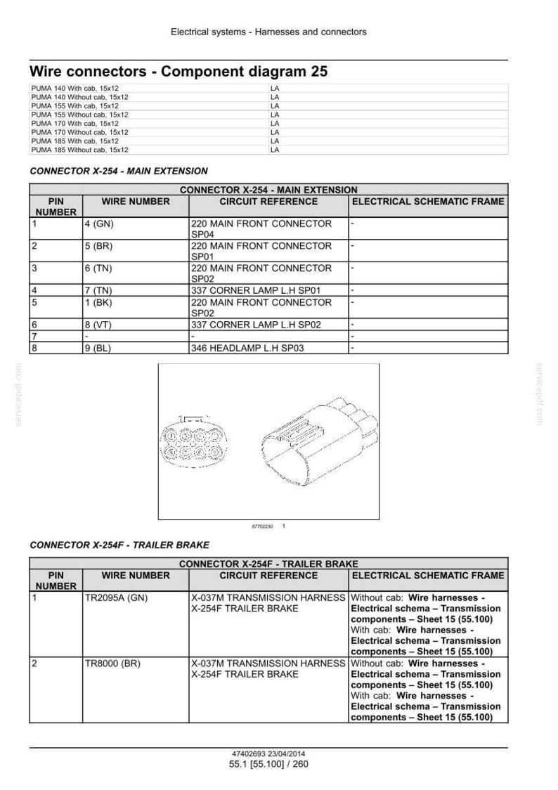 May include: Diagram of wire connectors and components, including a main extension and trailer brake connectors. The diagram includes pin numbers, wire numbers, circuit references, and electrical schematic frames for various electrical systems.