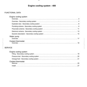 May include: A white document titled "Contents" with the heading "Engine - 10" and "Engine cooling system - 400." The document lists functional data and service information for the engine cooling system, water pump, and coolant thermostat.