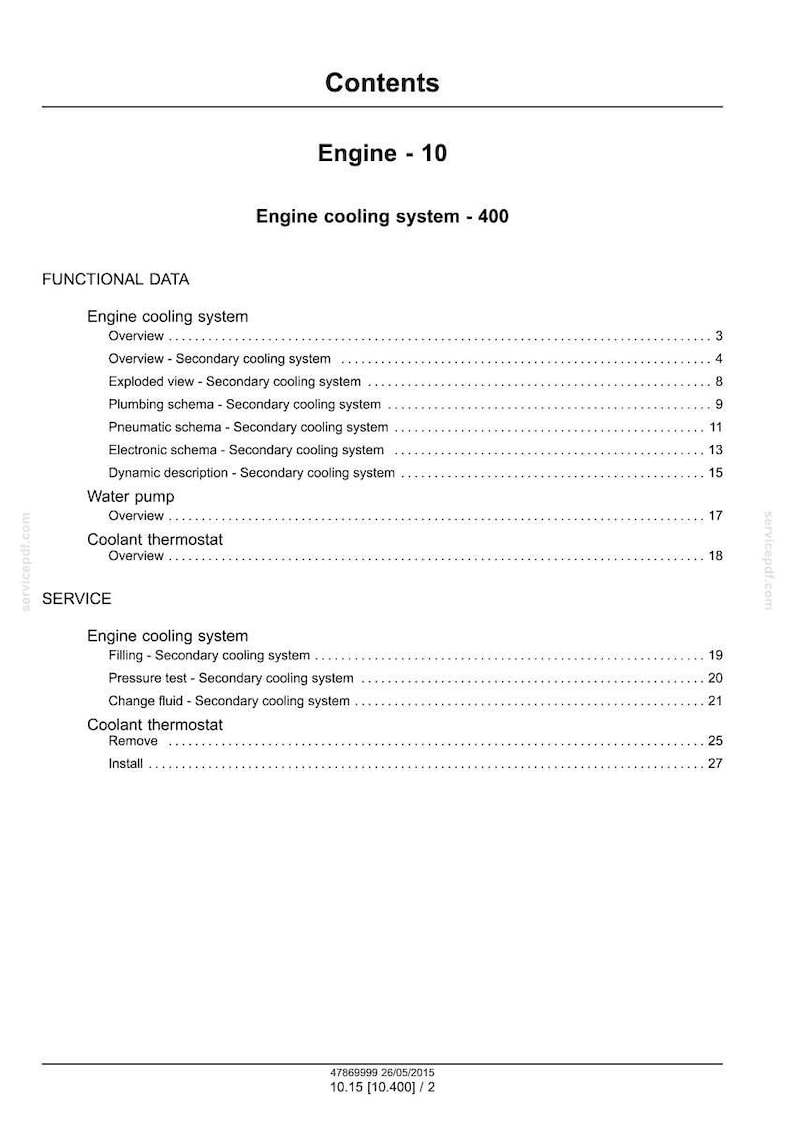 May include: A white document titled "Contents" with the heading "Engine - 10" and "Engine cooling system - 400." The document lists functional data and service information for the engine cooling system, water pump, and coolant thermostat.