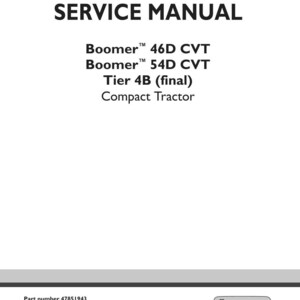 May include: A white service manual cover with the title "SERVICE MANUAL" in bold black letters. Below, it lists "Boomer 46D CVT", "Boomer 54D CVT", "Tier 4B (final)", and "Compact Tractor". The New Holland Agriculture logo is at the bottom.
