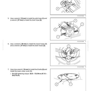 May include: Diagram of hydraulic system components with instructions for bolt and hose installation. Includes wrench sizes in millimeters and torque specifications in foot-pounds. Text includes "Hydraulic systems - Hydraulic central joint".