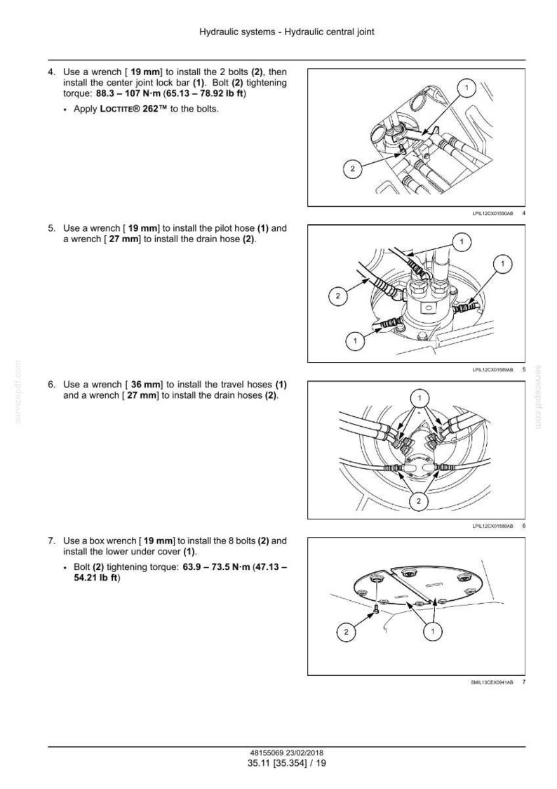 May include: Diagram of hydraulic system components with instructions for bolt and hose installation. Includes wrench sizes in millimeters and torque specifications in foot-pounds. Text includes "Hydraulic systems - Hydraulic central joint".