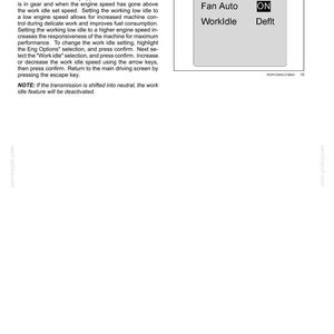 May include: A page from a manual with the title "3 - CONTROLS AND INSTRUMENTS". It includes text about the "Work idle" feature and a control panel graphic with "EngOptions", "Fan Auto", "WorkIdle", "ON", and "Deflt" labels.