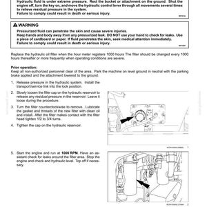 May include: A maintenance manual page detailing hydraulic oil filter replacement. Includes safety warnings about pressurized fluid, and step-by-step instructions with diagrams for filter removal and installation. The text includes the warning "Failure to comply could result in death or serious injury."