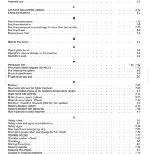 May include: A detailed index page from a manual, featuring a list of machine components, safety rules, and operational procedures. The text is in black against a white background, with page numbers.