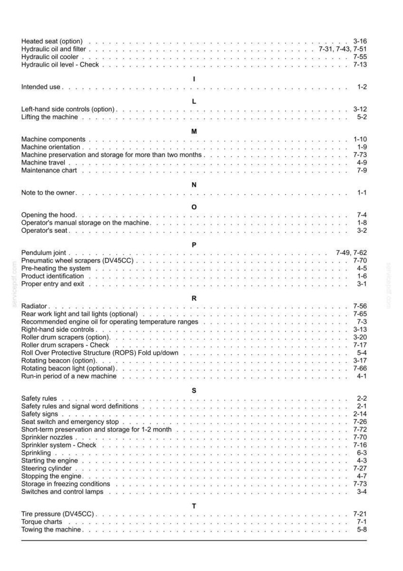 May include: A detailed index page from a manual, featuring a list of machine components, safety rules, and operational procedures. The text is in black against a white background, with page numbers.