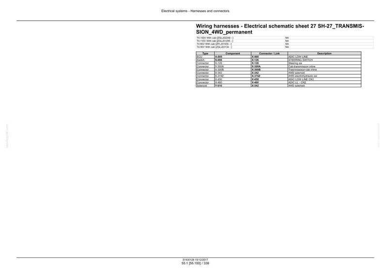 May include: A white document with the title "Wiring harnesses - Electrical schematic sheet 27 SH-27_TRANSMISSION_4WD_permanent". The document contains a table with columns for Type, Component, Connector/Link, and Description. The document is for electrical systems and harnesses.