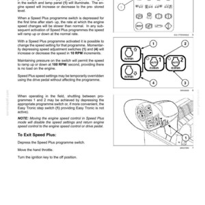 Pu&ograve; includere: Una pagina di manuale tecnico intitolata 6-WORKING OPERATIONS che descrive la funzione Speed Plus. Include istruzioni testuali, un diagramma di un pannello di controllo con icone numerate e un disegno al tratto di una leva dell'acceleratore manuale.