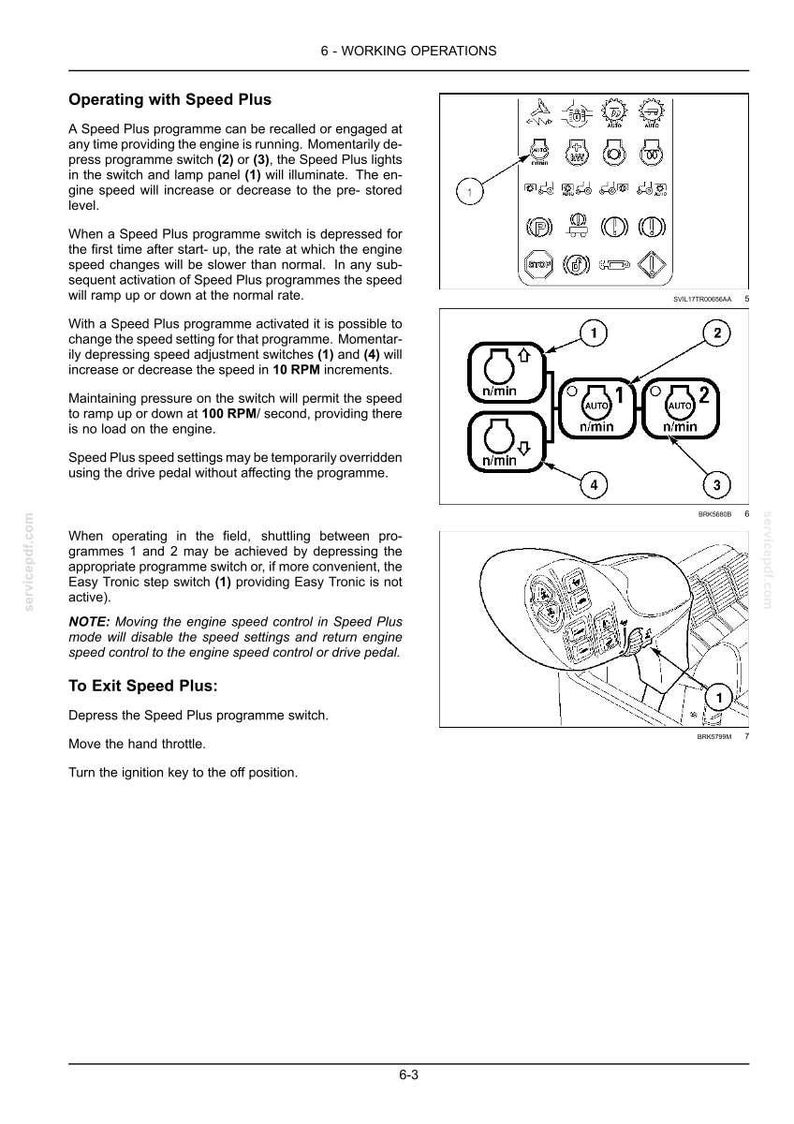 Pu&ograve; includere: Una pagina di manuale tecnico intitolata 6-WORKING OPERATIONS che descrive la funzione Speed Plus. Include istruzioni testuali, un diagramma di un pannello di controllo con icone numerate e un disegno al tratto di una leva dell'acceleratore manuale.