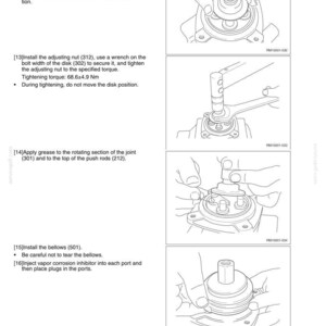 May include: Technical diagram with step-by-step instructions for mechanical assembly. Includes illustrations of installing a disk, adjusting a nut with a wrench, applying grease, and installing bellows. Text includes torque specifications.