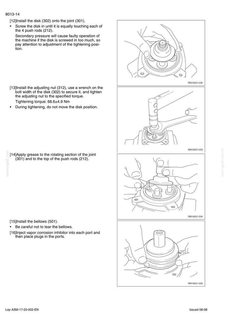 May include: Technical diagram with step-by-step instructions for mechanical assembly. Includes illustrations of installing a disk, adjusting a nut with a wrench, applying grease, and installing bellows. Text includes torque specifications.