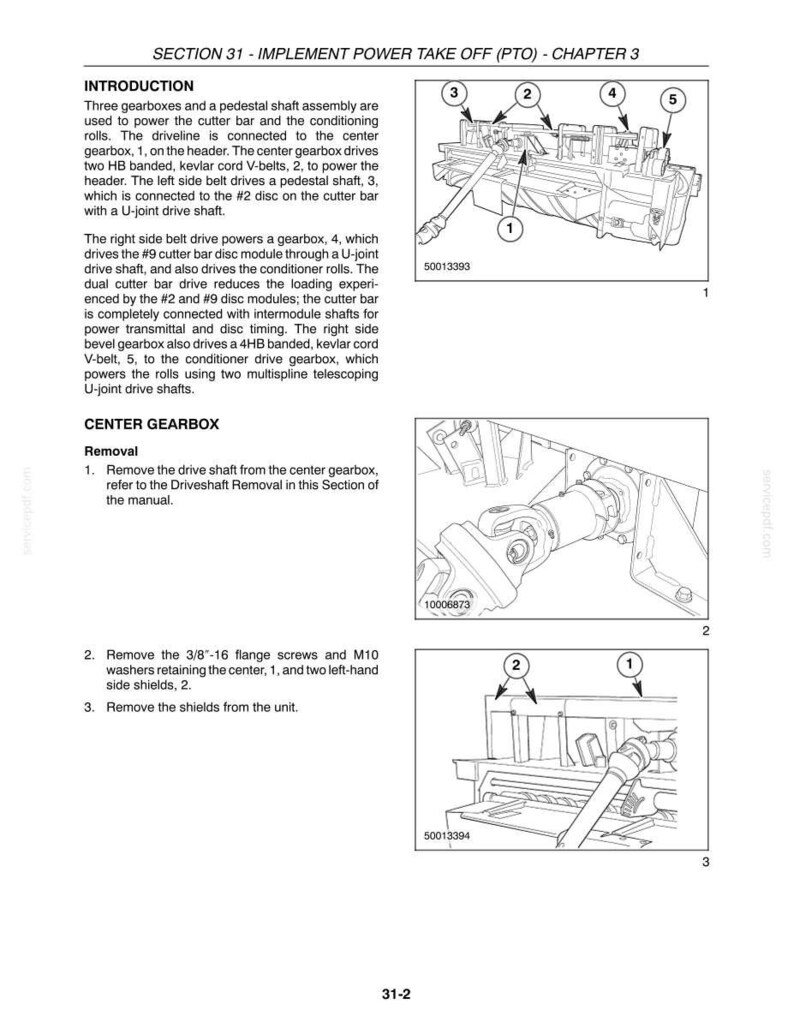 May include: A technical manual page titled SECTION 31 - IMPLEMENT POWER TAKE OFF (PTO) - CHAPTER 3, featuring black and white line drawings of machinery components labeled with numbers 1 through 5 and text instructions for gearbox removal.