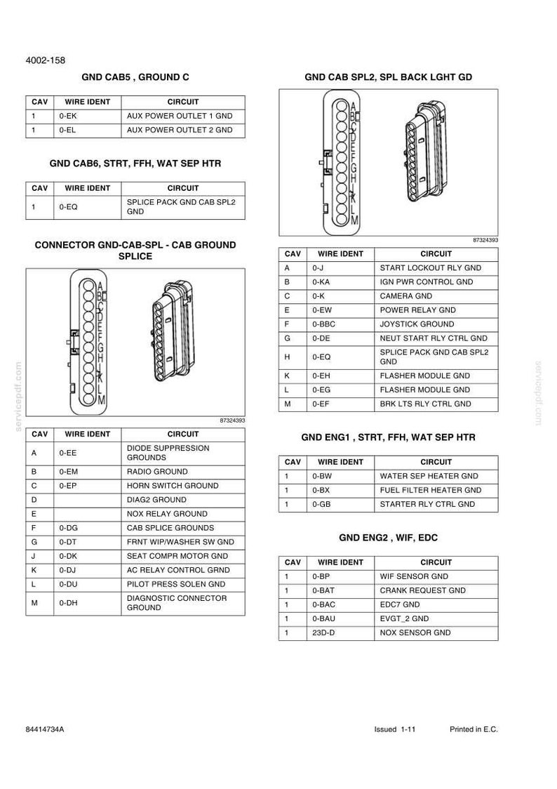 May include: A technical wiring diagram document labeled 4002-158, featuring multiple tables detailing ground connections for various circuits. It includes two black and white line drawings of electrical connectors with labeled pins A through M.
