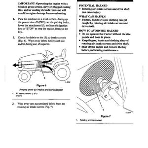 Op de afbeelding: Een pagina uit een technisch handboek getiteld Check for Debris met lijntekeningen van een gazontractor en een roterend luchtinlaatrooster. De tekst bevat veiligheidsinstructies met betrekking tot motorkoeling, het verwijderen van vuil en gevaren.