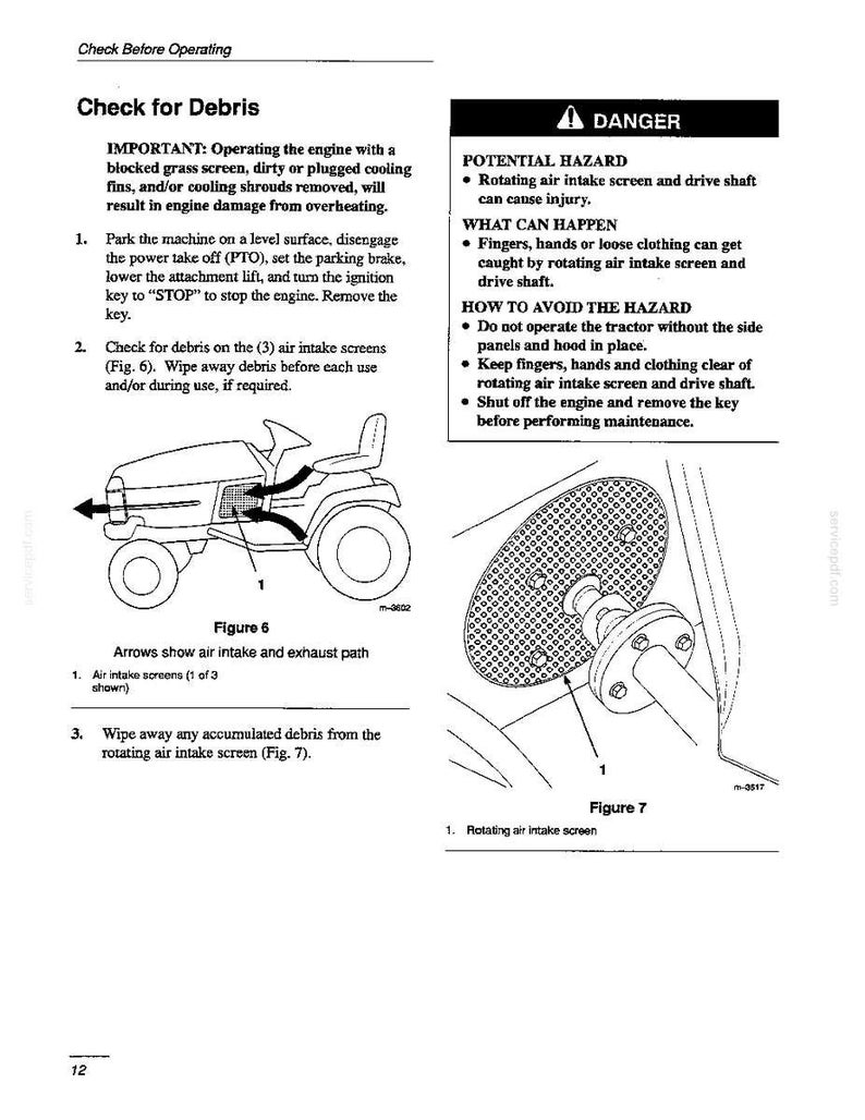 Op de afbeelding: Een pagina uit een technisch handboek getiteld Check for Debris met lijntekeningen van een gazontractor en een roterend luchtinlaatrooster. De tekst bevat veiligheidsinstructies met betrekking tot motorkoeling, het verwijderen van vuil en gevaren.