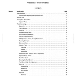 May include: A technical document page titled Section 10 - Engine, Chapter 2 - Fuel Systems. The text lists contents including specifications, special tools, troubleshooting, and detailed procedures for injection pumps, fuel injectors, and governors.