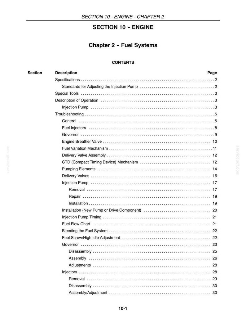 May include: A technical document page titled Section 10 - Engine, Chapter 2 - Fuel Systems. The text lists contents including specifications, special tools, troubleshooting, and detailed procedures for injection pumps, fuel injectors, and governors.