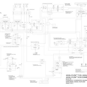May include: A detailed black and white schematic diagram of a hydraulic hydrostatic system for Axial-Flow combines. The diagram includes text and symbols, with the text reading "AXIAL-FLOW 7120, AXIAL FLOW 8120, AXIAL-FLOW 9120 COMBINES".