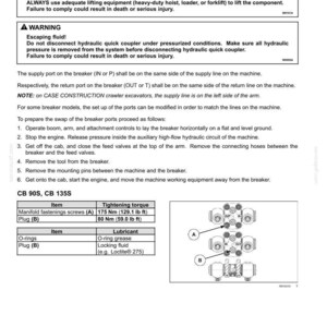 May include: A technical diagram with warnings about heavy objects and escaping fluid. Instructions detail how to turn an attachment, including steps to operate equipment and remove parts. Measurements are in both Nm and lb ft.