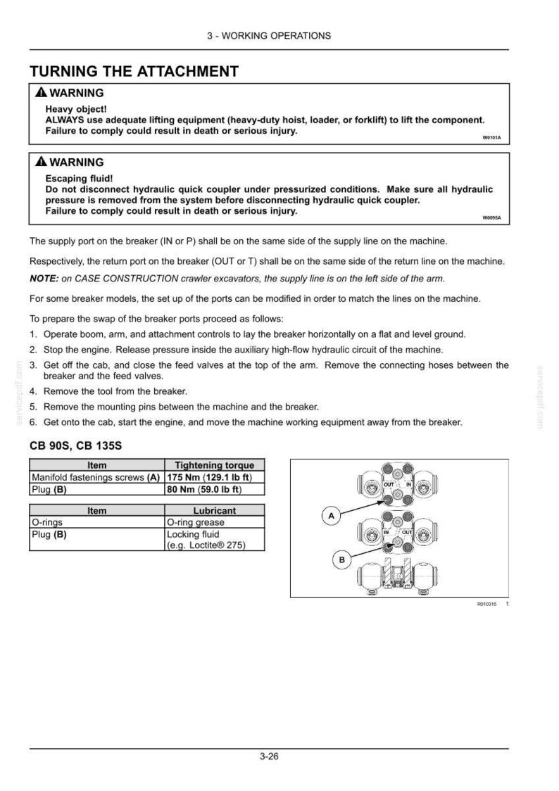 May include: A technical diagram with warnings about heavy objects and escaping fluid. Instructions detail how to turn an attachment, including steps to operate equipment and remove parts. Measurements are in both Nm and lb ft.