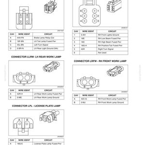 May include: Diagram of various automotive electrical connectors, including rear combination lamps, front combination lamps, work lamps, and license plate lamps. Each connector is labeled with its type, wire identification, and circuit information. The diagram is printed in the U.S.A.