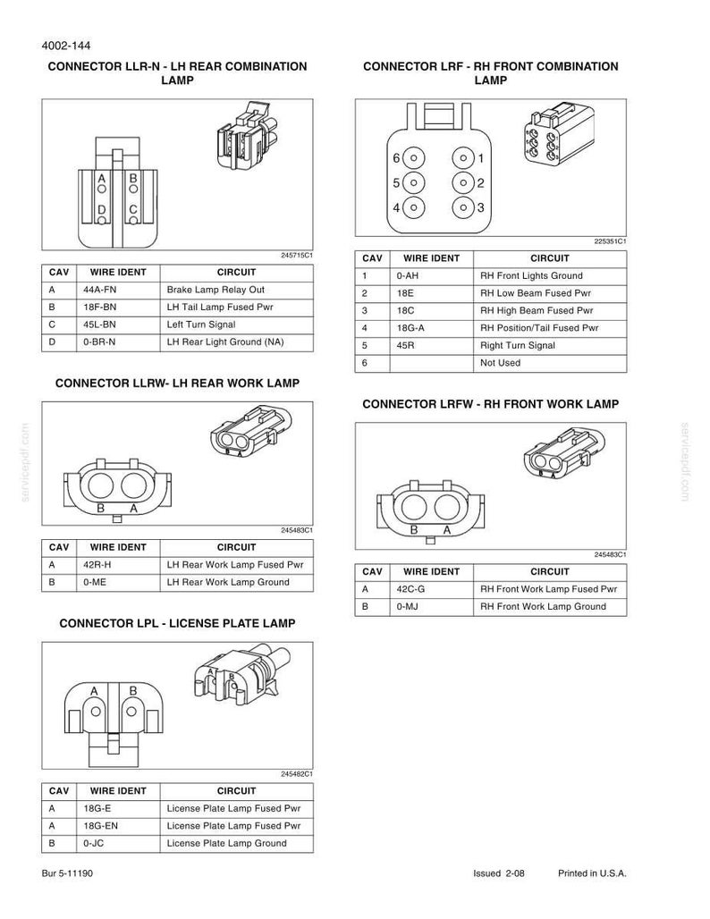 May include: Diagram of various automotive electrical connectors, including rear combination lamps, front combination lamps, work lamps, and license plate lamps. Each connector is labeled with its type, wire identification, and circuit information. The diagram is printed in the U.S.A.