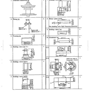 May include: A technical document page titled 3.1.2 JIGS, displaying a black and white table with eleven numbered entries. Each entry features a line drawing of a mechanical tool or component, accompanied by specific labels and imperial measurements.