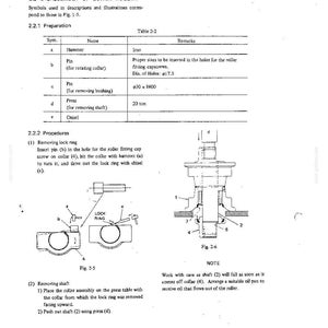 May include: A technical manual page titled 2.2 DISASSEMBLY OF LOWER ROLLER, featuring Table 2-2 listing tools like a hammer, pins, and a 20 ton press. It includes diagrams labeled Fig. 2-5 and Fig. 2-6 showing the removal of a lock ring and shaft.